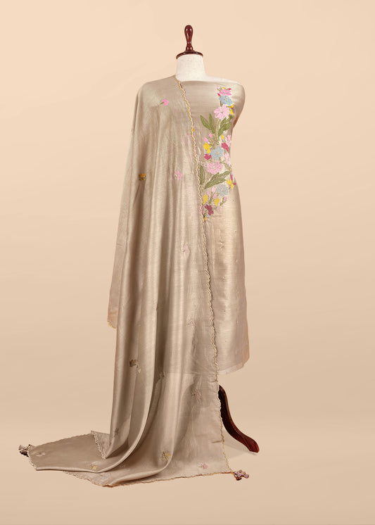Beige Handloom Chanderi Silk With Floral Thread Embroidery