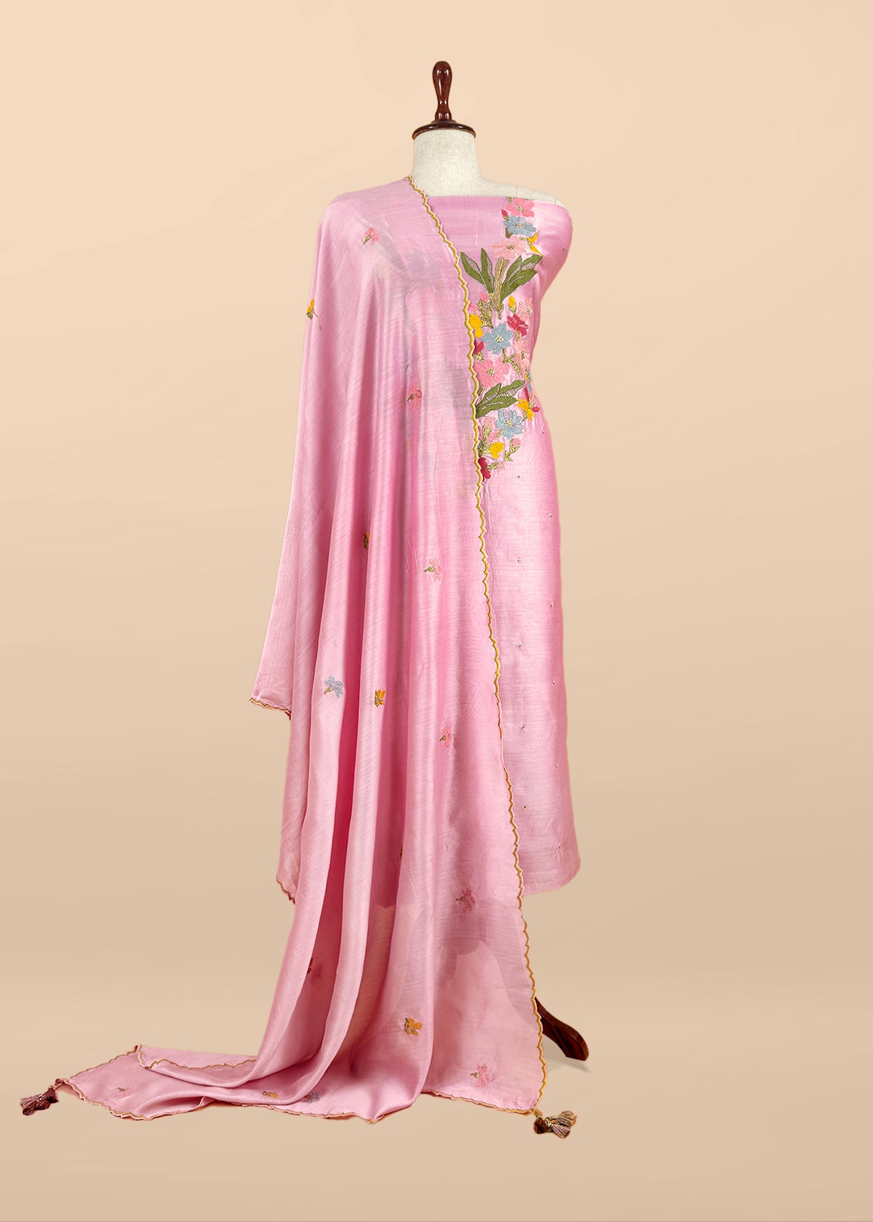 Pink Handloom Chanderi Silk With Floral Thread Embroidery