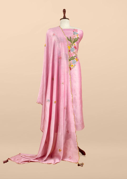 Pink Handloom Chanderi Silk With Floral Thread Embroidery