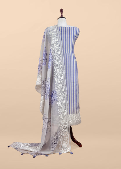 Blue Handloom Kora Silk Suit Fabric With Resham Embroidery
