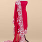 Red Handloom Mulmul Suit With Garden French Embroidery