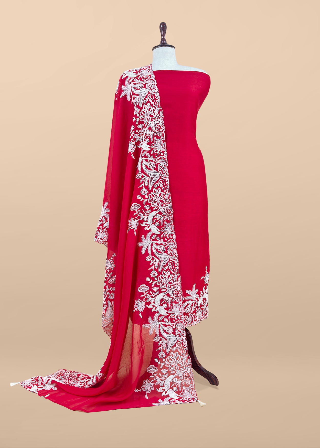 Red Handloom Mulmul Suit With Garden French Embroidery