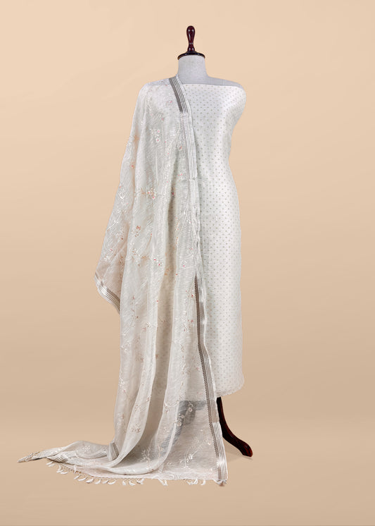 Ivory Pure Linen Silk Suit With Resham Thread Floral Jaal Embroidery