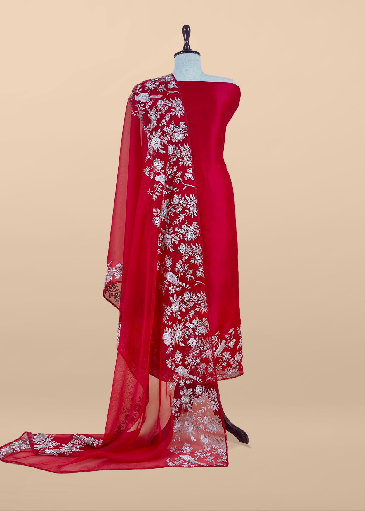 Red Handloom Kora Silk Suit With Parsi Embroidery