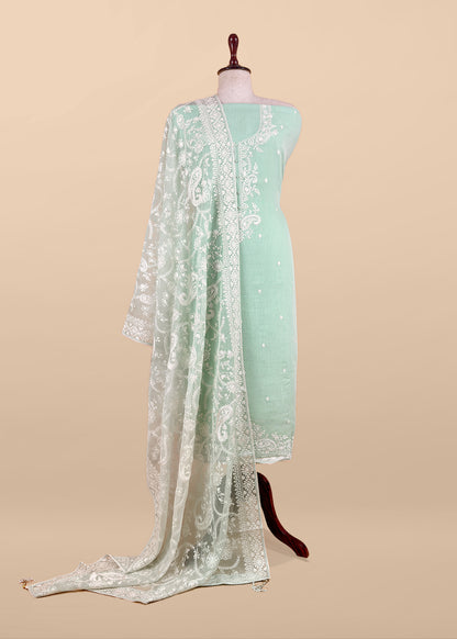 Pastel Sea Green Handloom Mulmul Kurta And Kora Silk Dupatta With Ivory Resham Embroidery