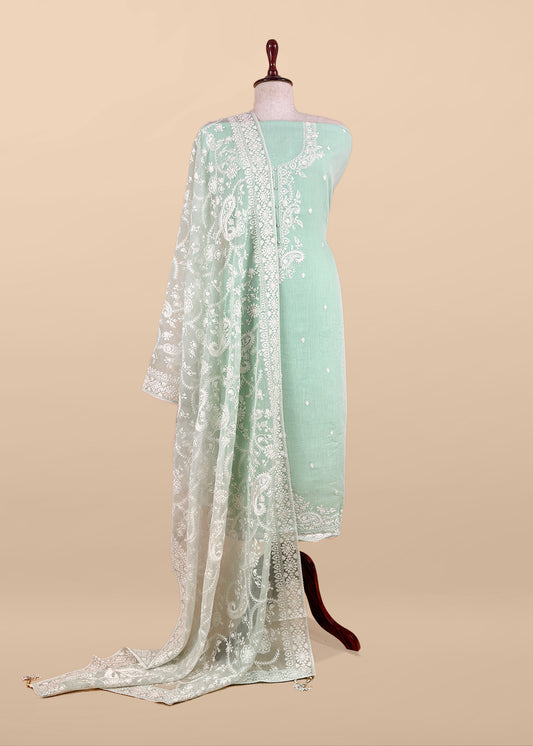 Pastel Sea Green Handloom Mulmul Kurta And Kora Silk Dupatta With Ivory Resham Embroidery