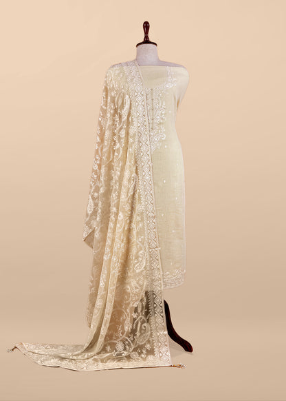 Off White Handloom Mulmul Kurta And kora Silk Dupatta With Ivory Resham Embroidery