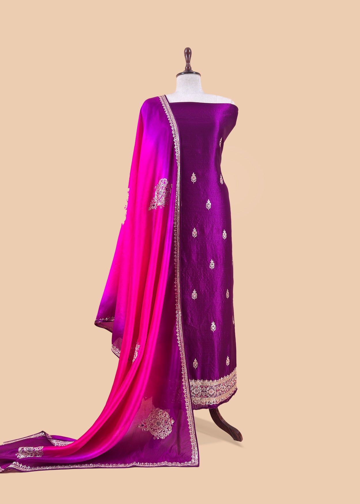 Royal Purple Handloom Silk Suit With Ombre Dupatta In Dori Embroidery