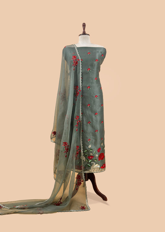 Pure handloom kora silk suit with resham embroidery

