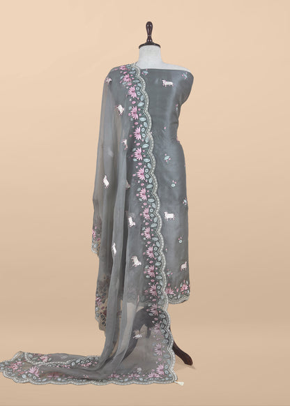Grey Pure Organza Silk Suit With Parsi Embroidery