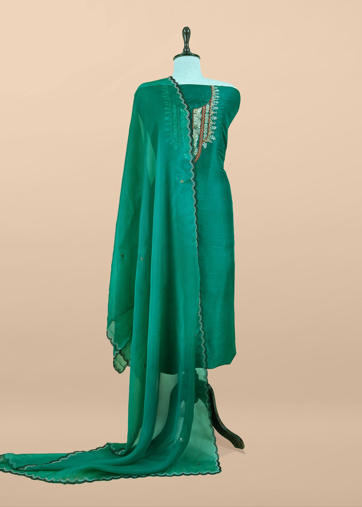 Luxe Emerald Green Dupion Silk Kurta and Kora Silk Dupatta With Handwork