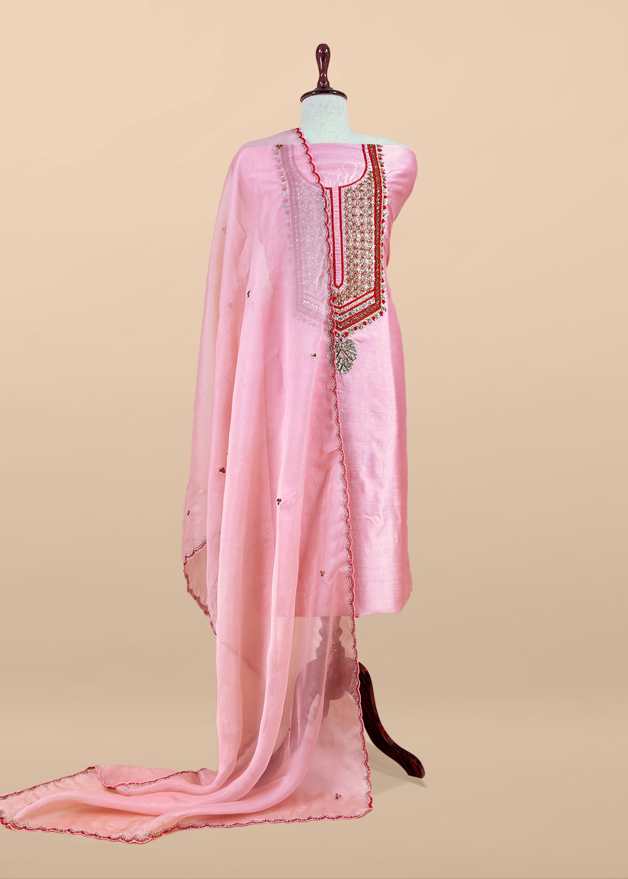 Luxe Baby Pink Dupion Silk Kurta and Kora Silk Dupatta With Handwork
