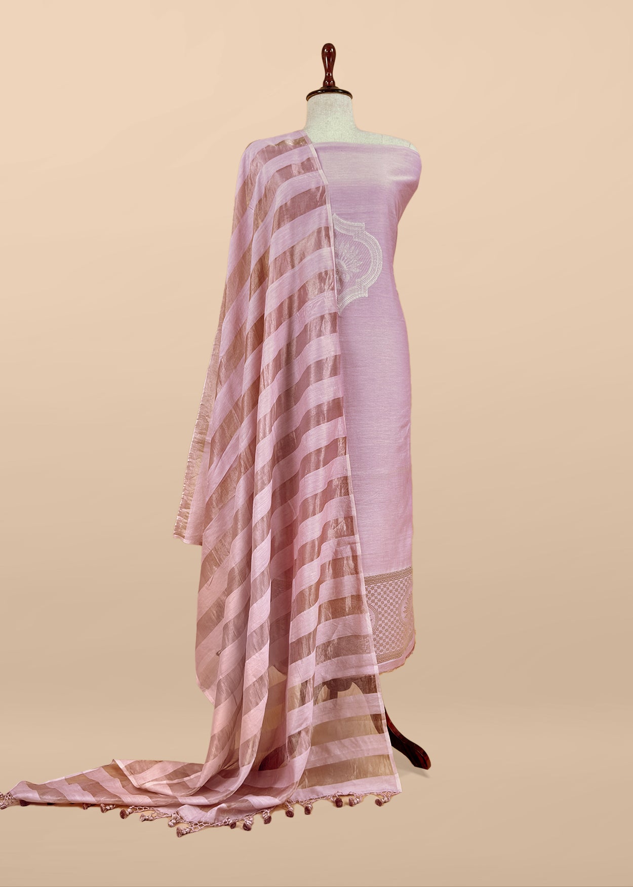 Peach Pure Banarasi Silk Suit With Zari Weaving