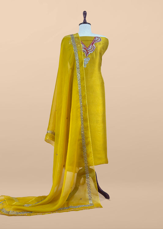 Luxe Lemon Yellow Dupion Silk Kurta and Kora Silk Dupatta With Handwork