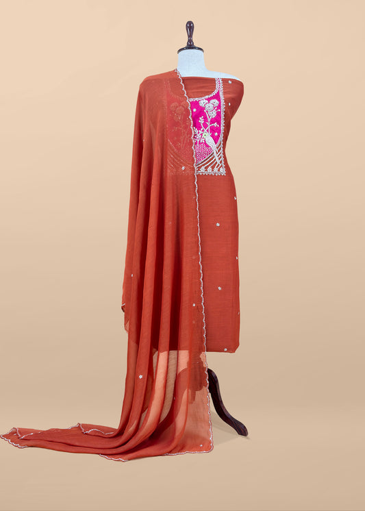 Brown And Rani Shaadi Handloom Mulmul Unstitched Suit Fabric With Handwork