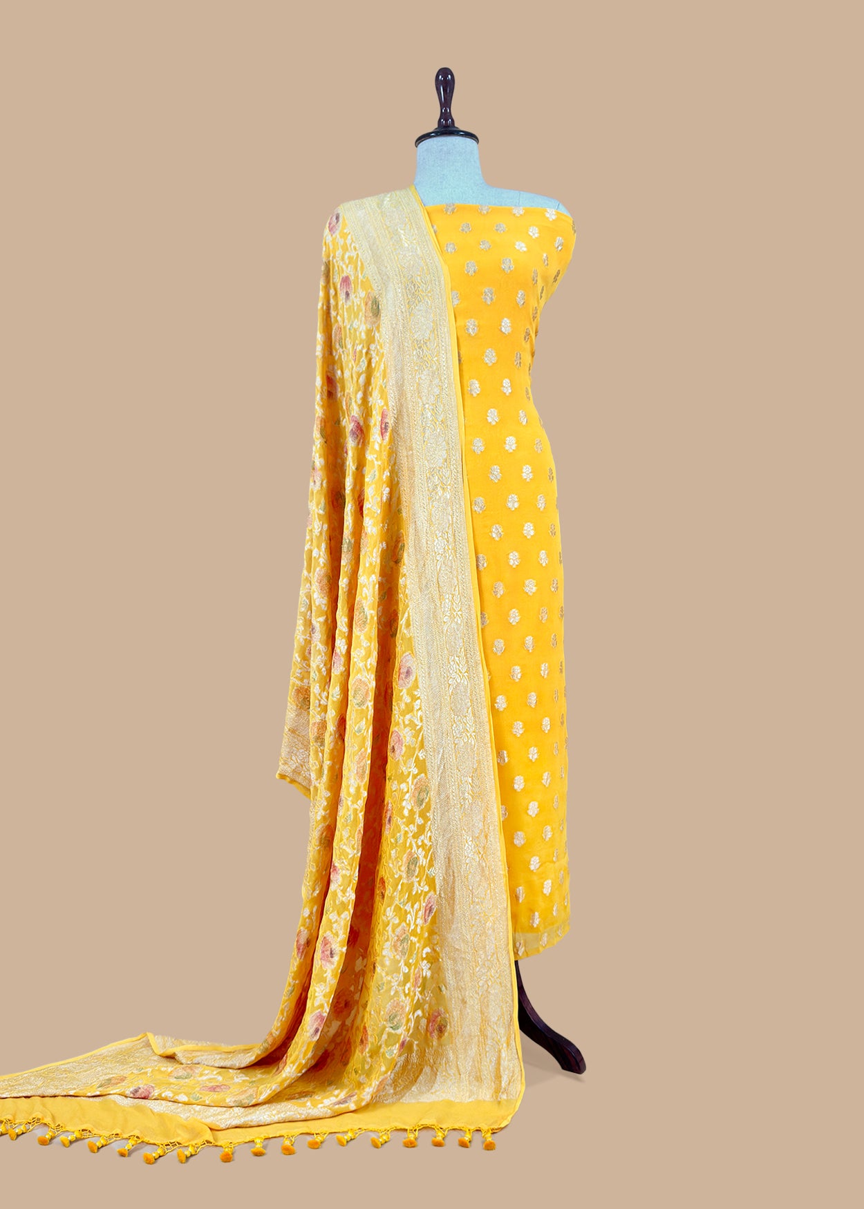 Luxe Yellow Khaddi Georgette Suit Fabric With Mughal Meenakari Weaving