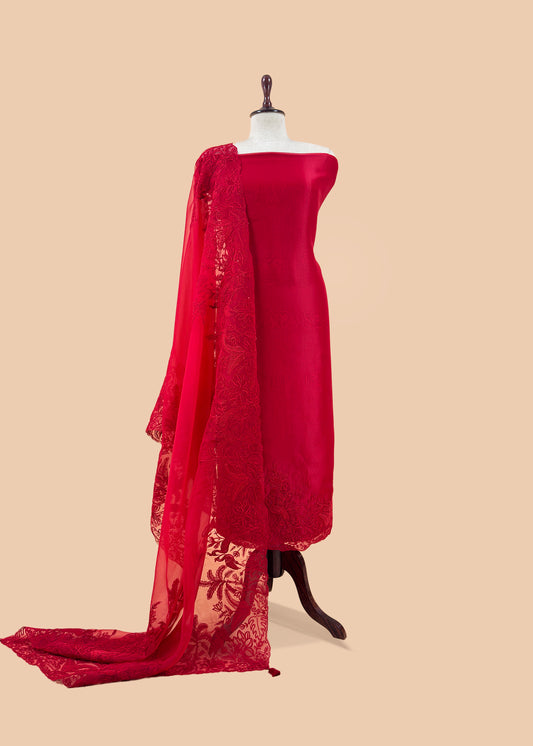 Kalasheel Luxe Red Handloom Organza Suit With Garden French Embroidery