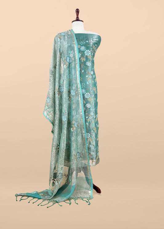 Turquoise Blue Handloom Tissue Silk With Cross Stitched Embroidery