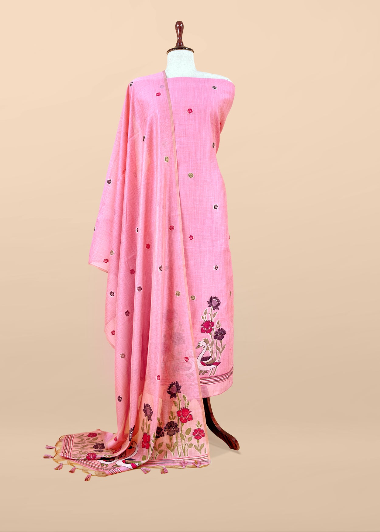 Beige Linen Chanderi Unstitched Suit With jamdani Weaving