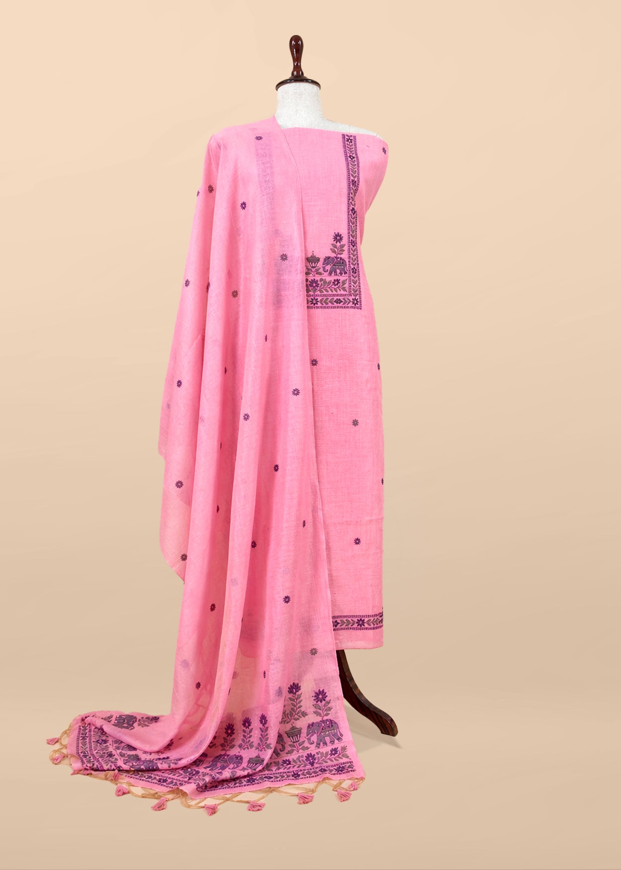 Beige Linen Chanderi Unstitched Suit With jamdani Weaving