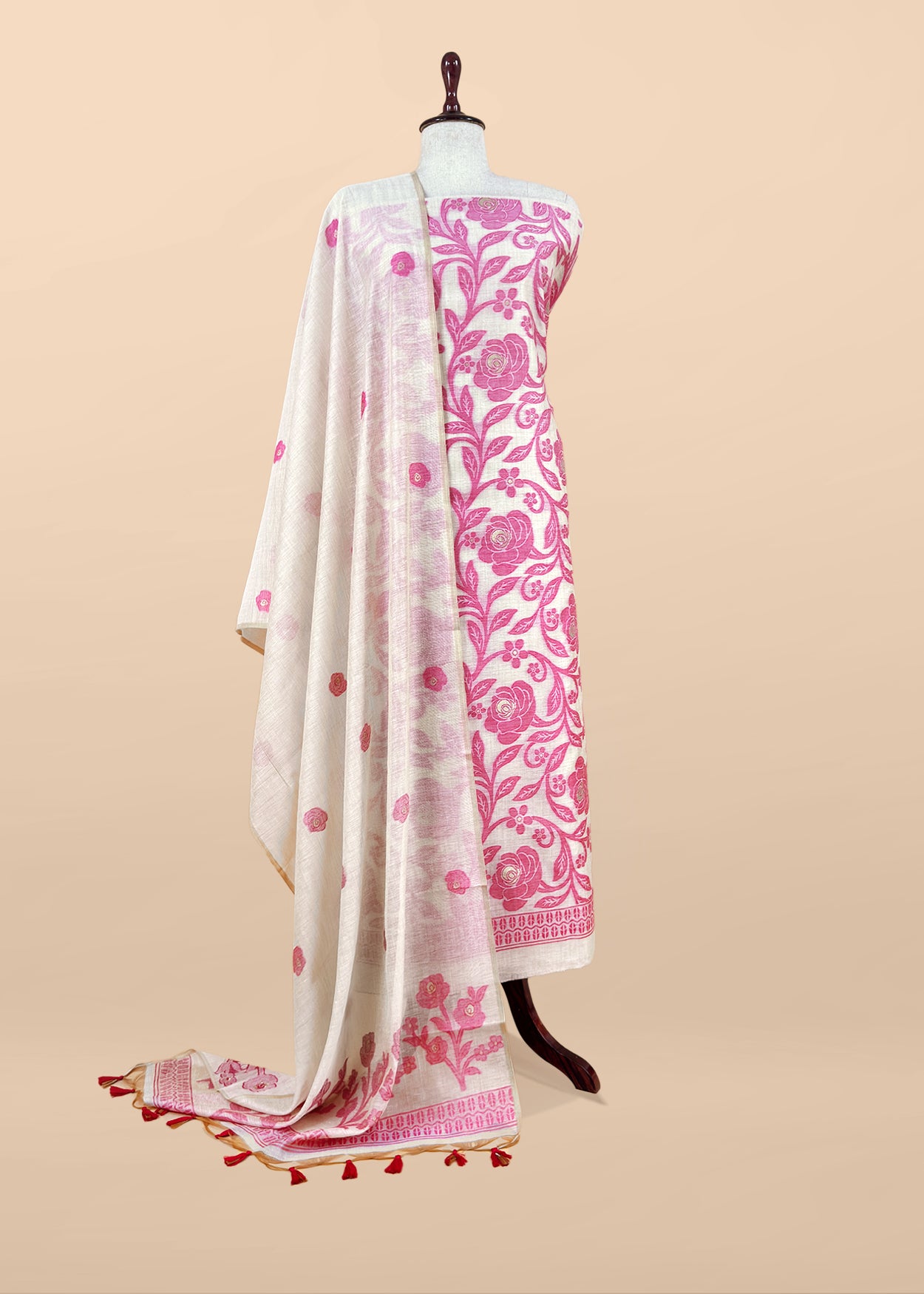 Beige And Pink Linen Chanderi Suit With Jamdani Weaving