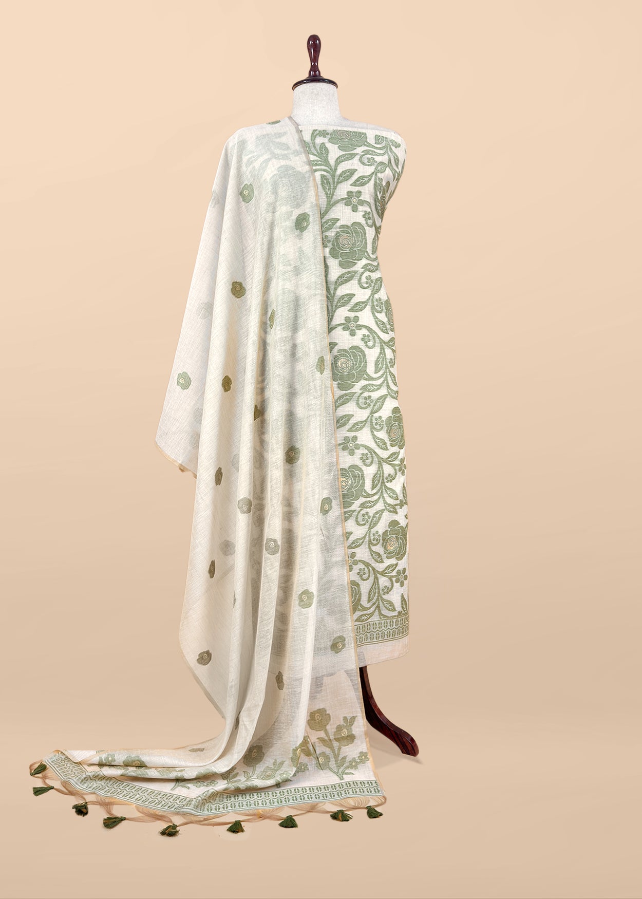 Beige And Green Linen Chanderi Suit With Jamdani Weaving