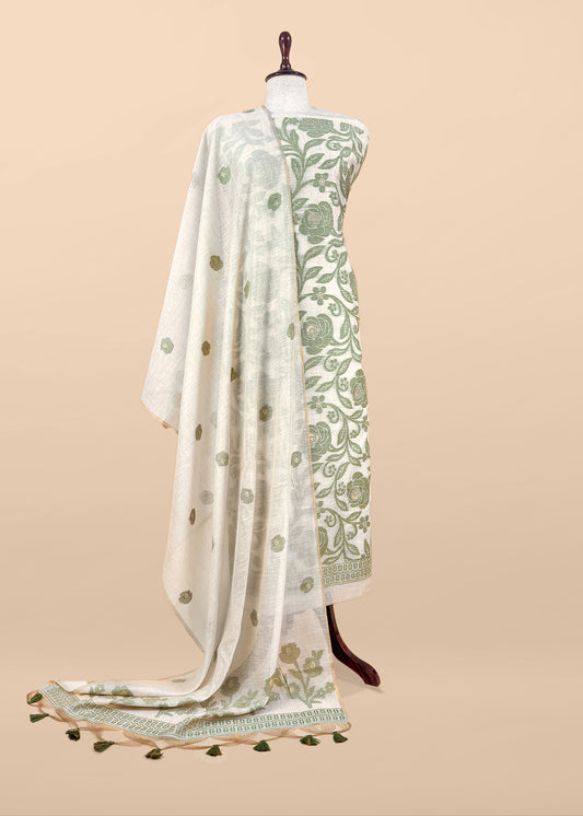 Beige And Green Linen Chanderi Suit With Jamdani Weaving