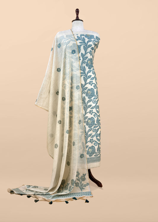 Beige And Turquoise Linen Chanderi Suit With Jamdani Weaving