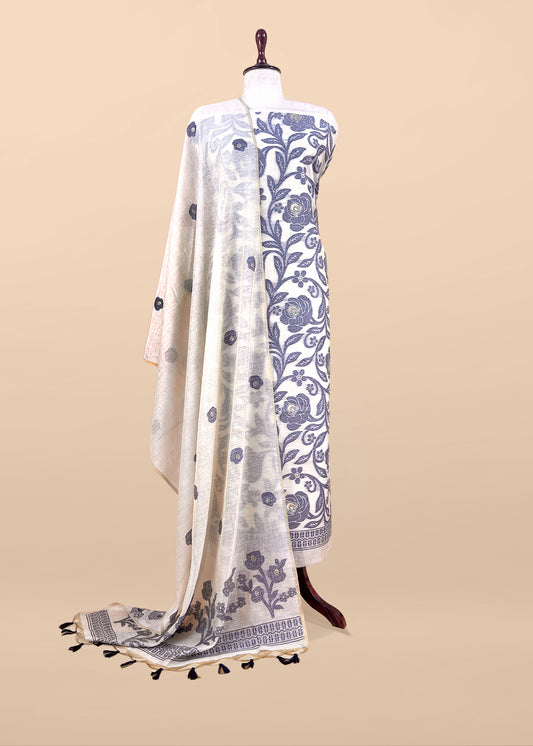 Beige And Blue Linen Chanderi Suit With Jamdani Weaving