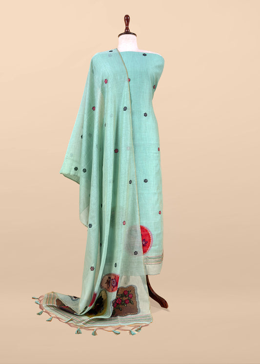 Turquoise Linen Chanderi Suit With Jamdani Weaving