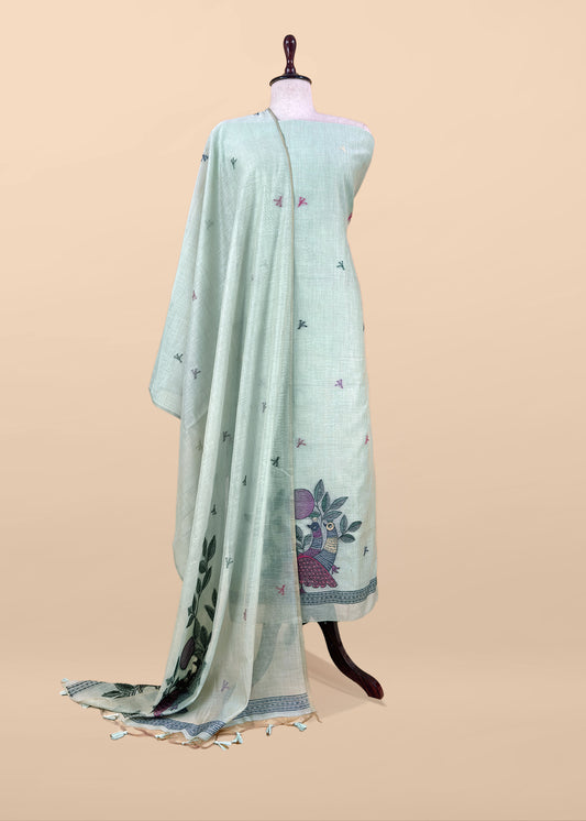 Light Green Linen Chanderi Suit With Jamdani Weaving