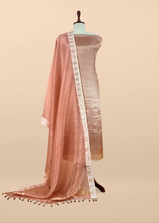 Golden With Peach Tissue Brocade With Kora Silk Dupatta