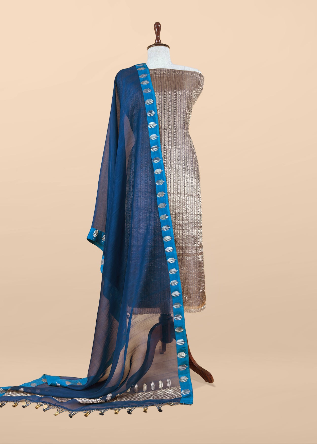 Golden With Blue Tissue Brocade With Kora Silk Dupatta