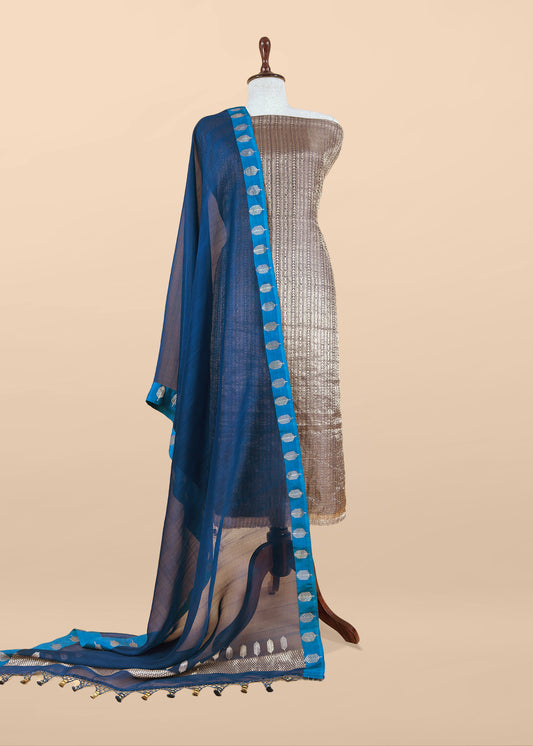 Golden With Blue Tissue Brocade With Kora Silk Dupatta