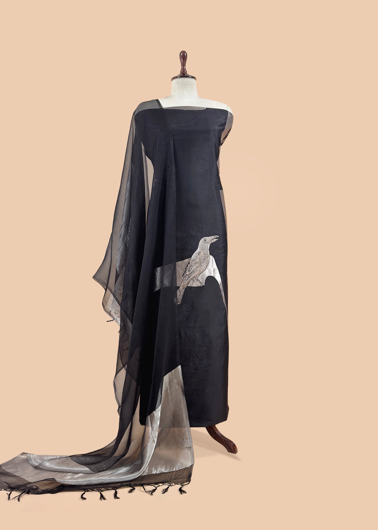 Black Handloom Silk Suit With Organza Dupatta In Kadwa Motif