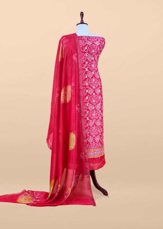 Red Pure Maheshwari Silk Suit With Banarasi Bootis