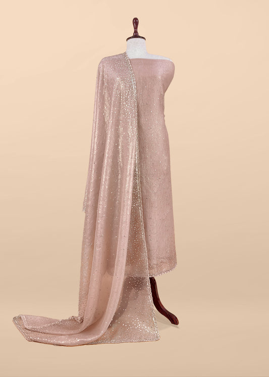 Pink Pure Crushed Tissue Silk Suit Fabric With Mukaish And Hand Work