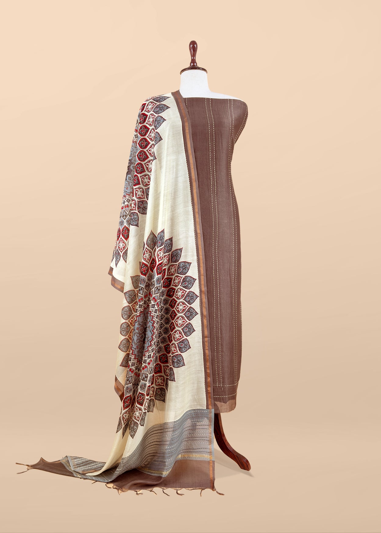 Cedar Brown Pure Maheshwari Silk Suit With Kantha Stitch Hand Embroidery