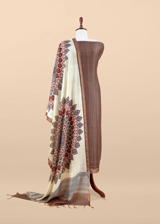 Cedar Brown Pure Maheshwari Silk Suit With Kantha Stitch Hand Embroidery