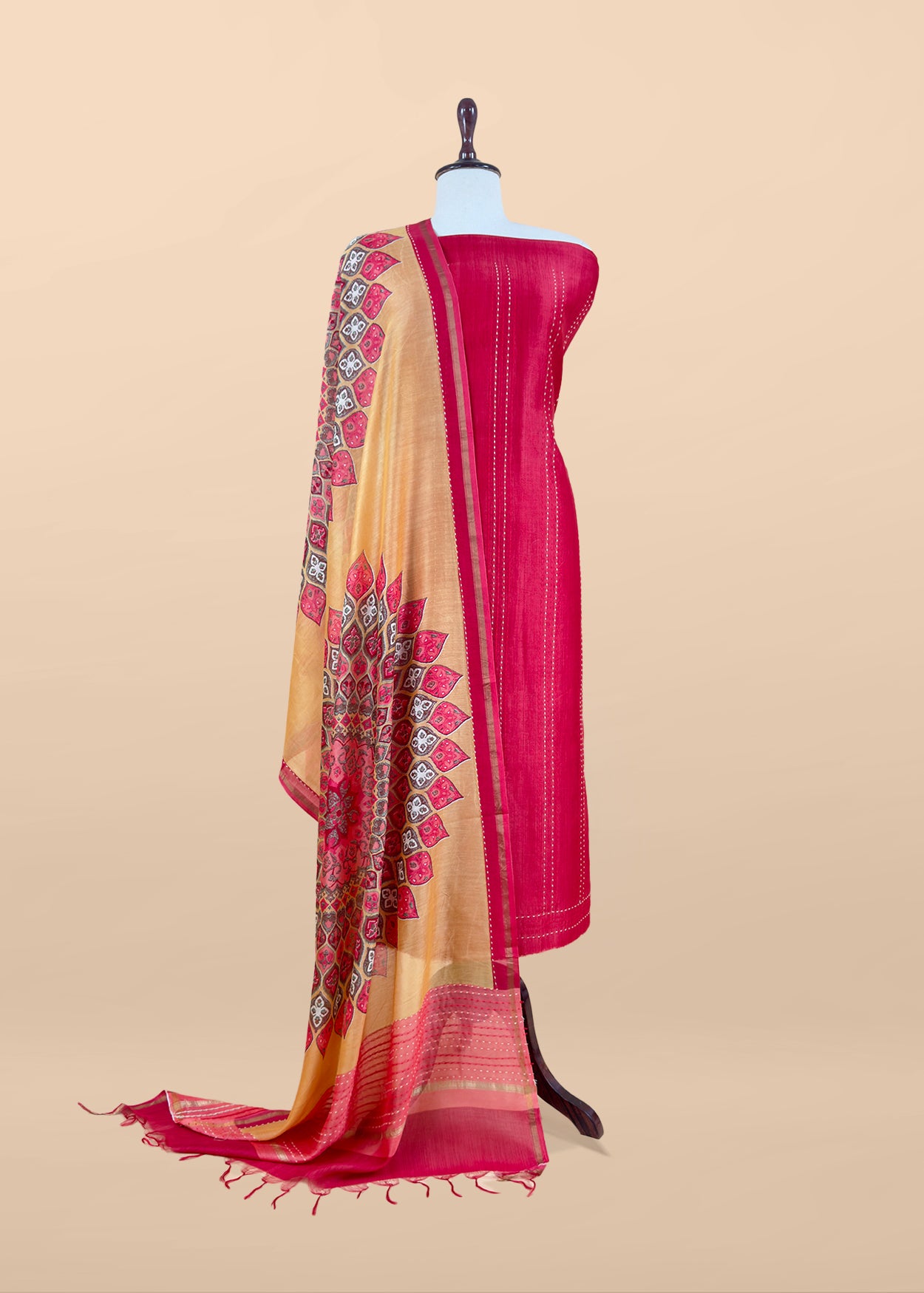 Red Pure Maheshwari Silk Suit With Kantha Stitch Hand Embroidery