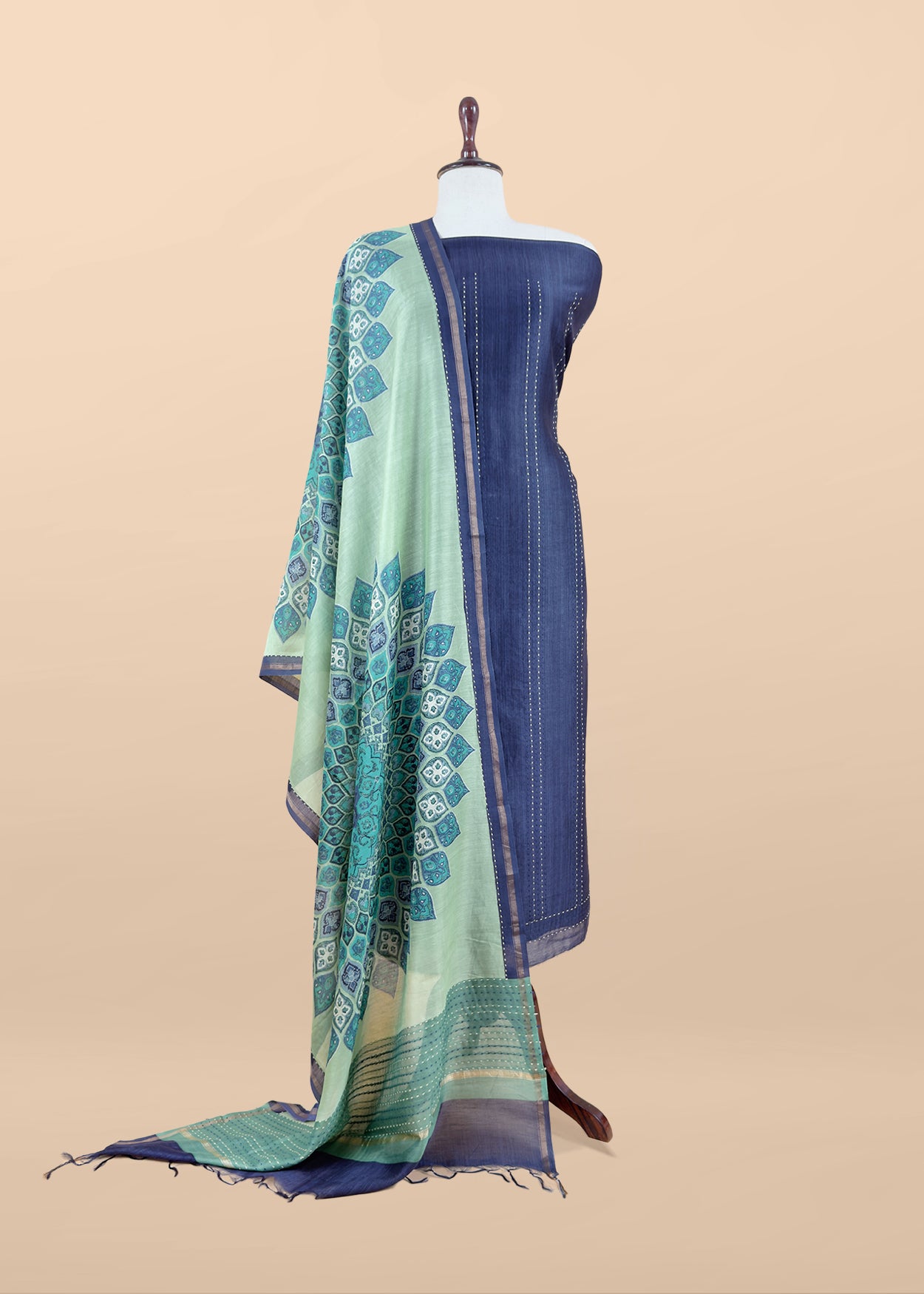 Blue Pure Maheshwari Silk Suit With Kantha Stitch Hand Embroidery