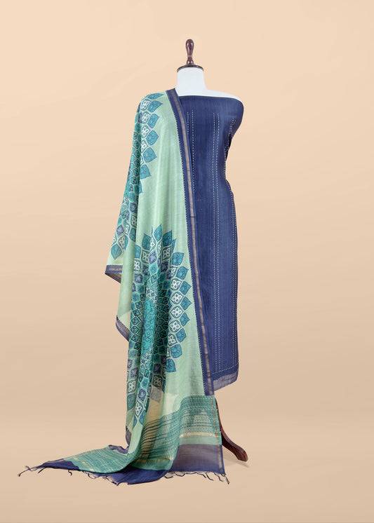 Blue Pure Maheshwari Silk Suit With Kantha Stitch Hand Embroidery
