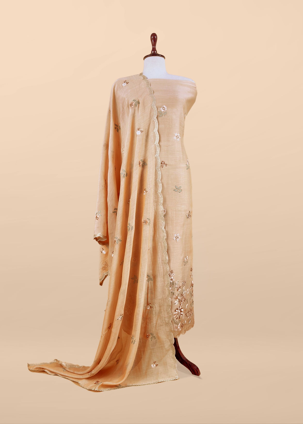 Dark Beige Pure Mul Cotton Suit With Flower Embroidery