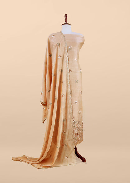 Dark Beige Pure Mul Cotton Suit With Flower Embroidery