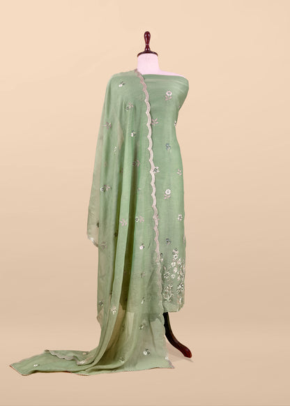 Green Pure Mul Cotton Suit With Flower Embroidery
