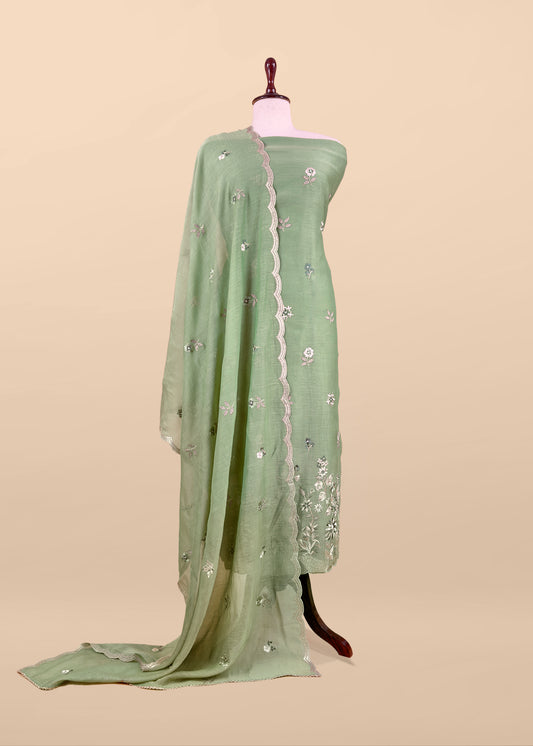 Green Pure Mul Cotton Suit With Flower Embroidery