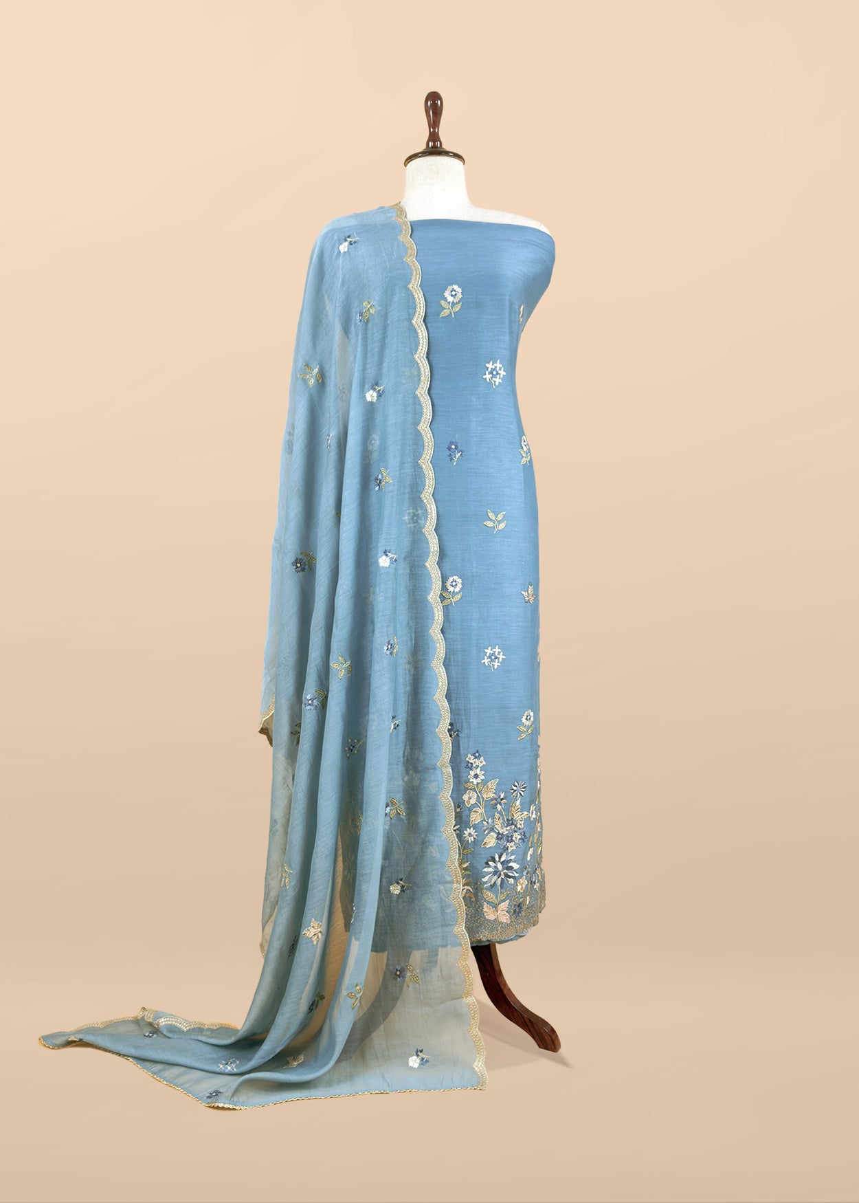 Blue Pure Mul Cotton Suit With Flower Embroidery