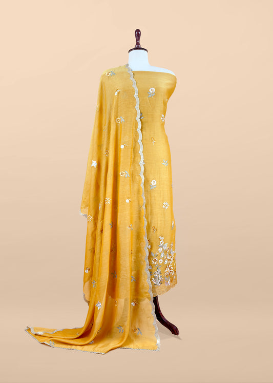 Yellow Pure Mul Cotton Suit With Flower Embroidery
