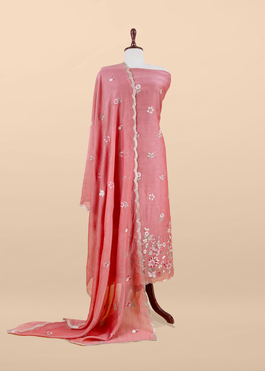 Peach Pure Mul Cotton Suit With Flower Embroidery