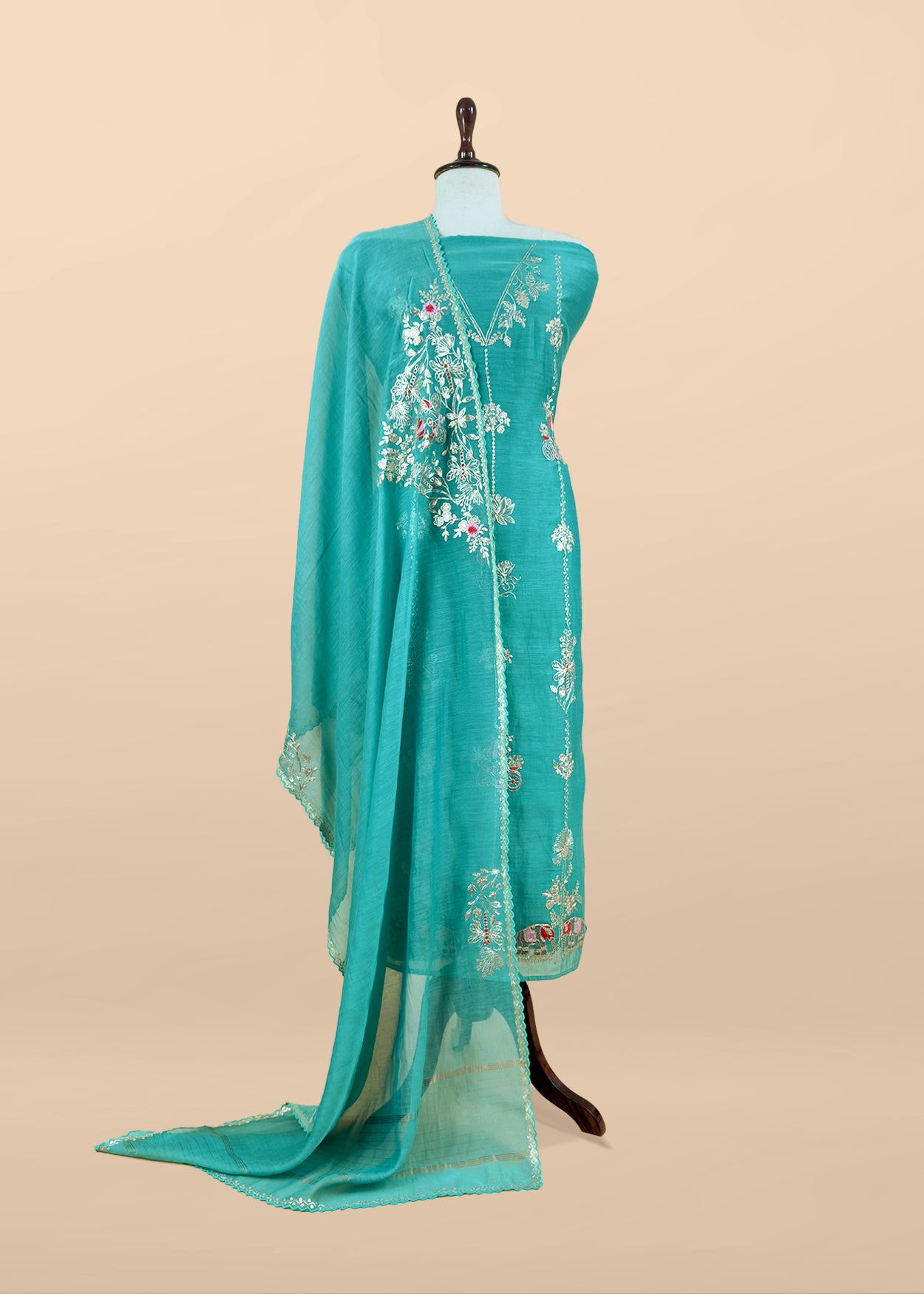 Tiffany Blue Mul Chanderi Unstitched Suit With Pitta Work